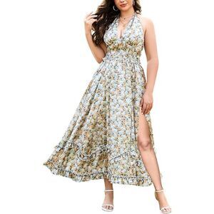 Sleeveless Halter V Neck Floral Maxi Dress Elastic Waist, Size 3XL, 15G-136D003